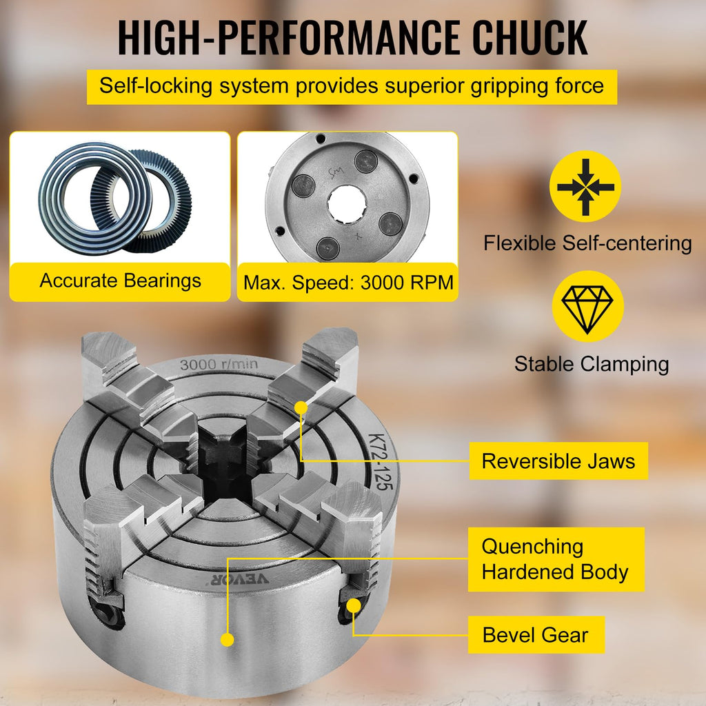 Vevor K72-125 Lathe Chuck 5 Inch 4-Jaw,Lathe Chuck Independent Reversible Jaw,Metal Lathe Chuck Turning Machine Accessories,for Lathes Machine - Amazon.com
