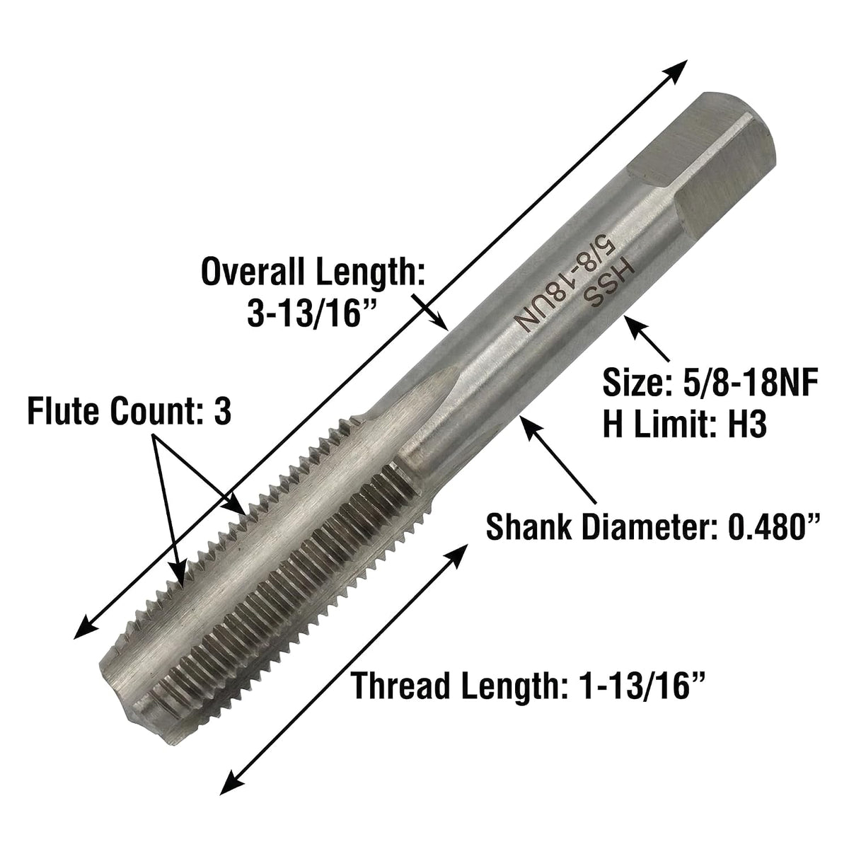 Accusize Industrial Tools 5/8-18Nf H.S.S. Spiral Point Taps, 3 Flutes, American Standard, Fully Ground, Spt-5/8-18
