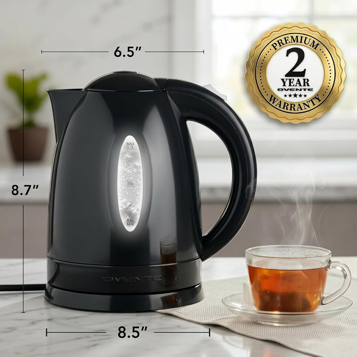 1.7L Electric Tea Kettle, 1100W BPA-Free Water Boiler, Black KP72B | Fast Boiling, Auto Shut-Off, Boil-Dry