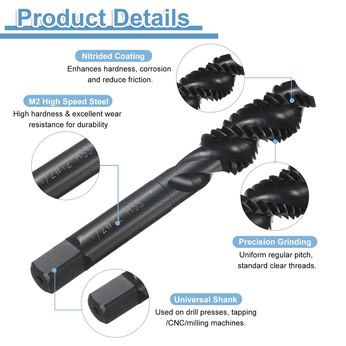 uxcell Spiral Flute Thread Taps 1/2-12 BSW H2 Machine Threading Tap Bit, Nitrided Coated Screw Tapping Repair Tool, M2 High-Speed Steel (HSS6542)