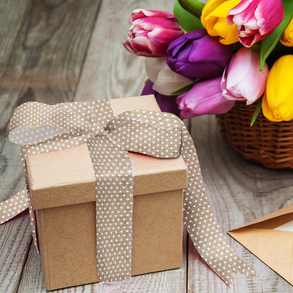 2 Rolls 10 Yards Easter Wired Edge Ribbon, 2.5inch Flaxen Natural Dots Burlap Ribbon Bows for Wreath, Colorful Eggs