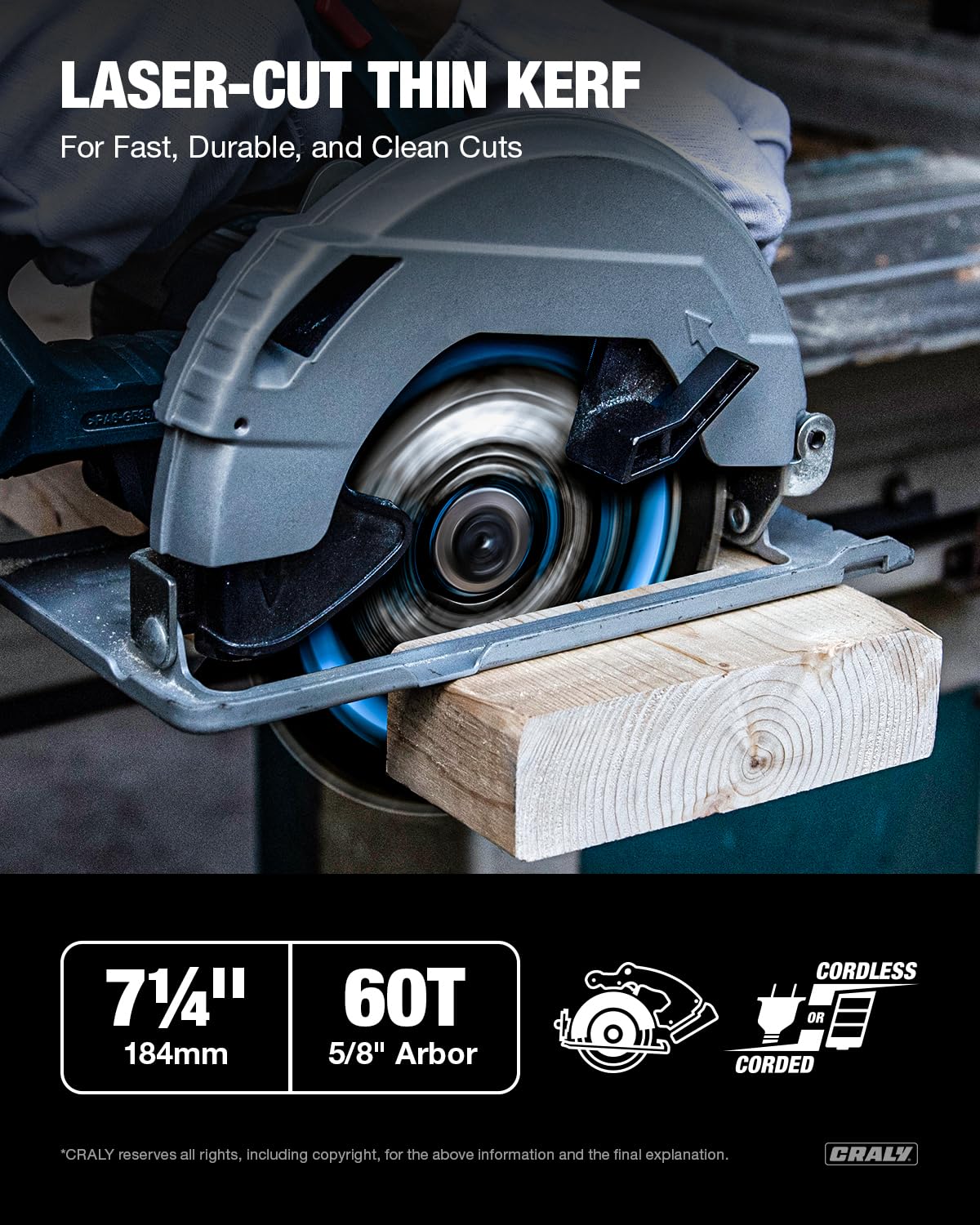 CRALY 7-1/4 Inch 24&60 Teeth Wood Cutting Framing/Fine Finish Circular Saw Blade, 5/8 Inch Arbor, Carbide Tipped, Thin Kerf, Black Ice, for Plywood, MDF, OSB, Laminated, 2-Pack(C072460-2C)