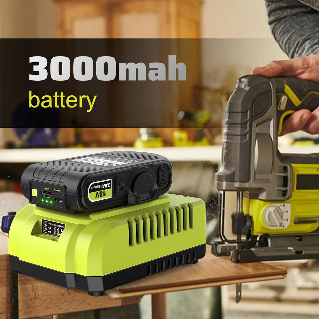 3.0Ah Replacement for Ryobi 18V Battery & Rapid Charger Combo with USB Port