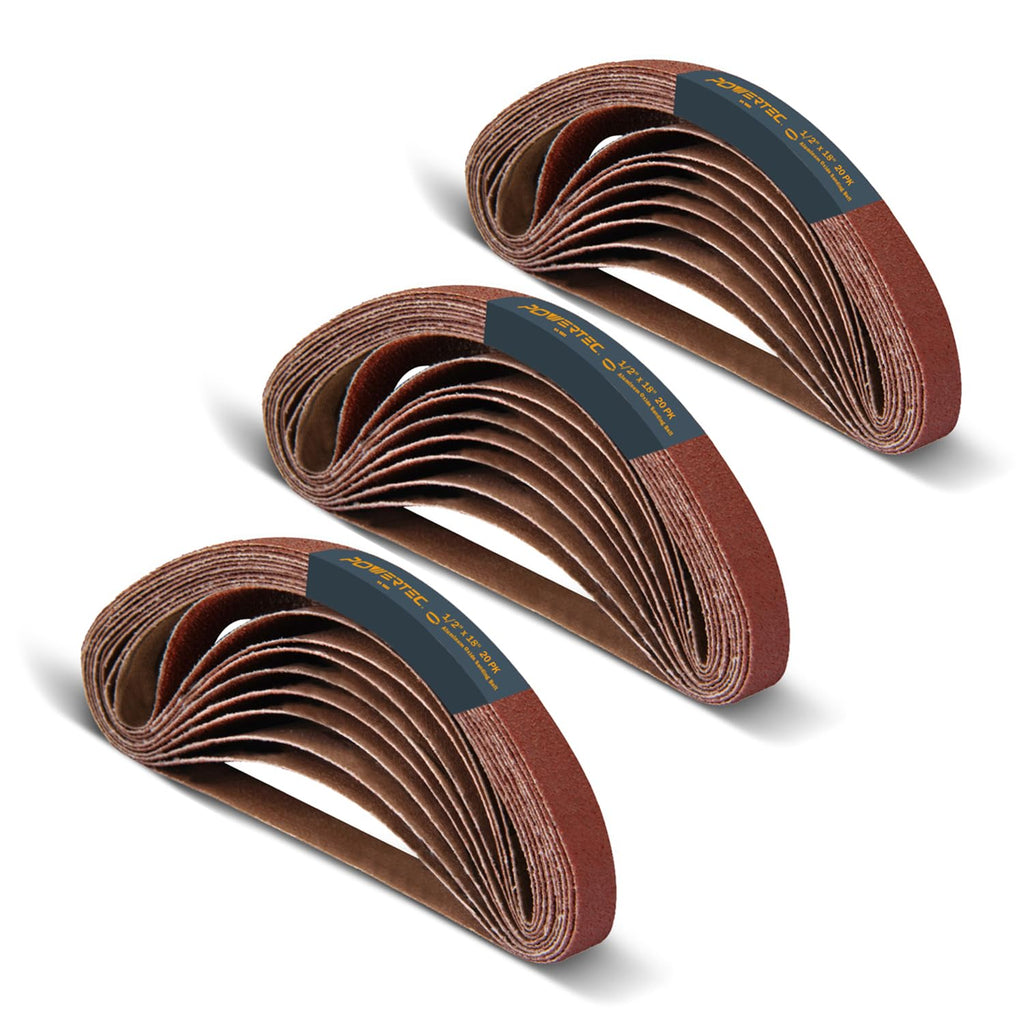POWERTEC 1/2 x 18 Inch Sanding Belts, 20 Each of 40/60/80 Grits, 60PK, Aluminum Oxide Belt Sander Sanding Belt for Air File Belt Sander, Woodworking, Metal Polishing (40185-1)