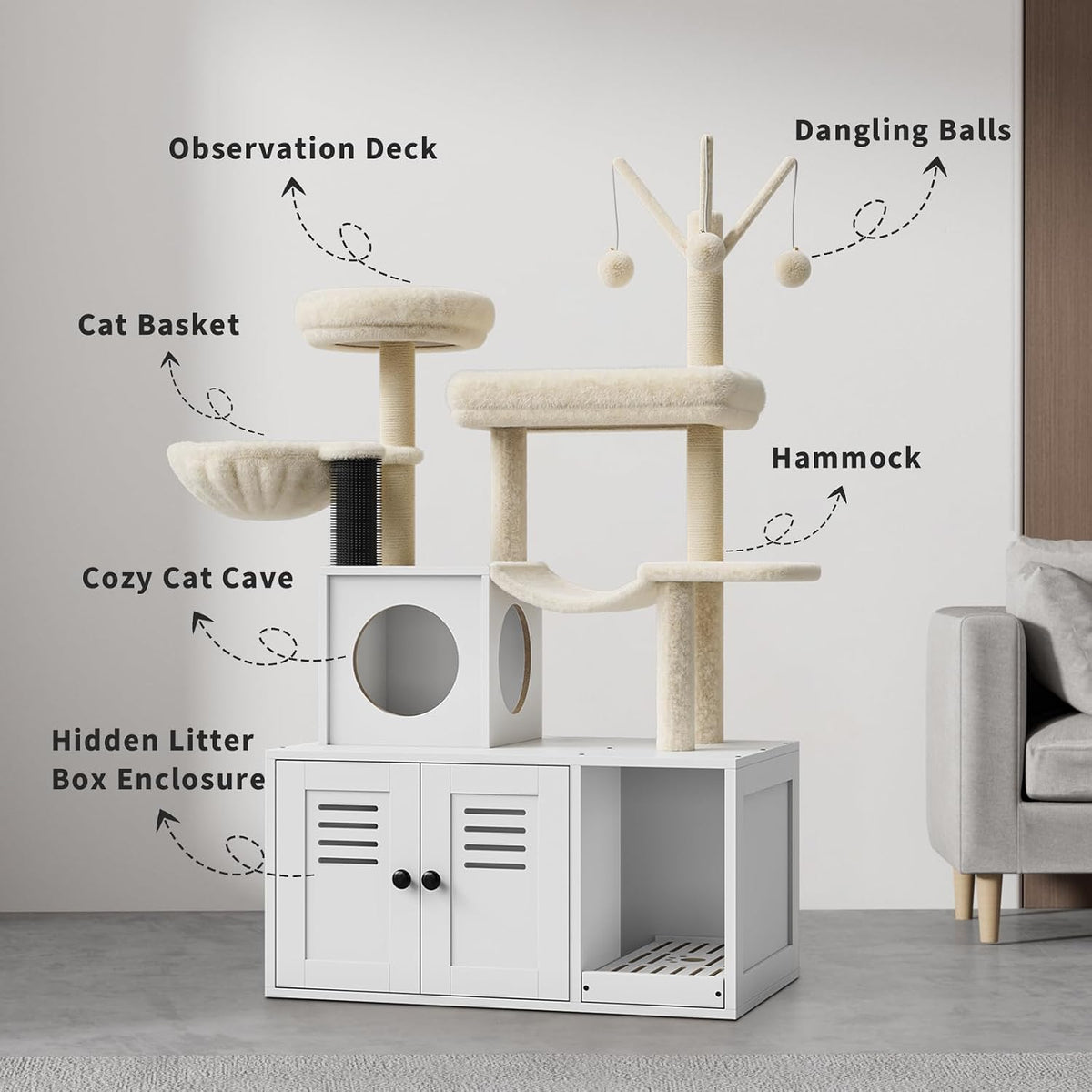 Litter Box Enclosure with Cat Tree Tower with Condo Hammock Scratching Posts and Multiple Soft Perches