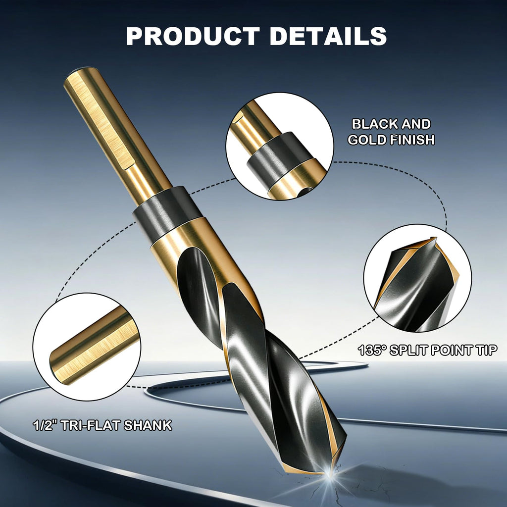 YEOLYTA 1/2" Drill Bit,M2 High Speed Steel,1/2" Reduced Shank,3-Flat,135°