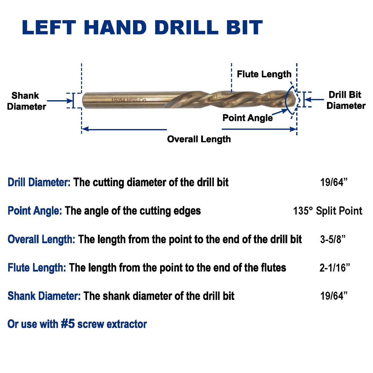 19/64-Inch Cobalt Steel M35 Left Hand Drill Bit, Pack of 3