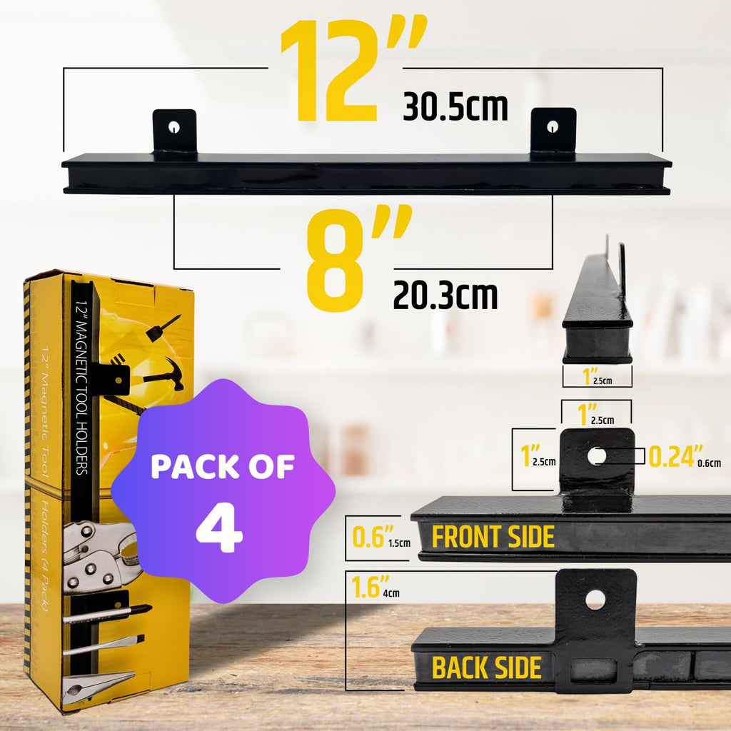 12" Heavy-Duty Magnetic Tool Holders (4 Pack - 48" Total) - Extremely Powerful Magnetic Pull Force to Hold Heavy