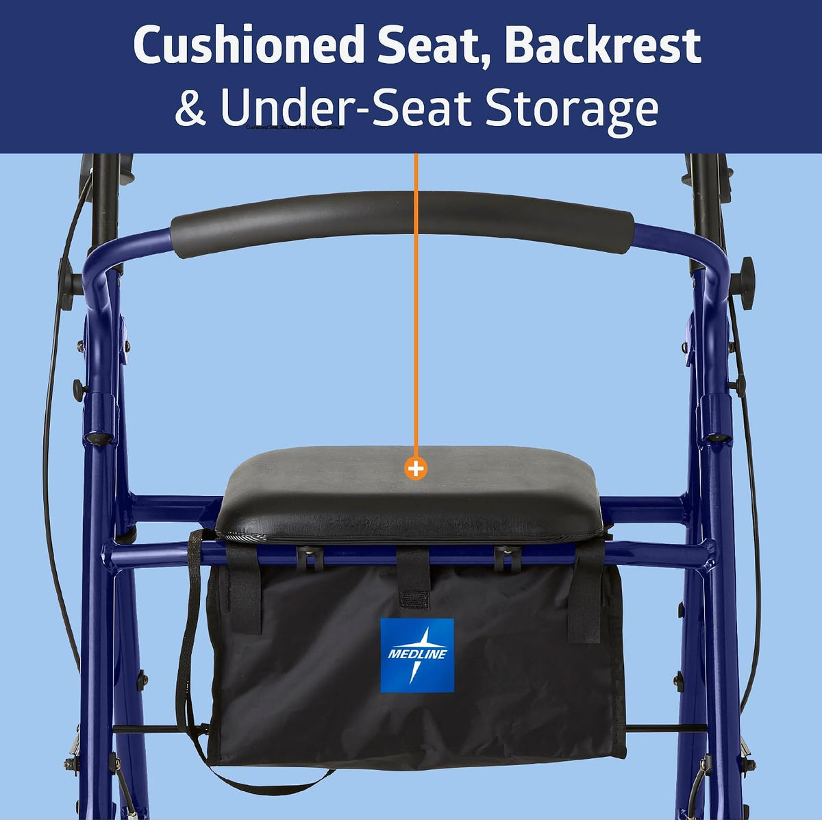 Medline Lightweight Aluminum Rollator Walker for Adult Mobility Impairment, Blue, 300 lb. Weight Capacity, 8" Wheels, Foldable, Adjustable Handles, Walker for Seniors