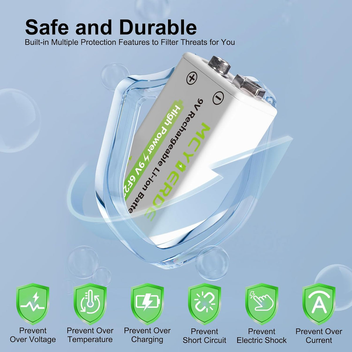 9Volt Lithium Batteries 5 Pack Long-Lasting with USB-C Cable | 9V battery for Smoke Detector Radios,Fire