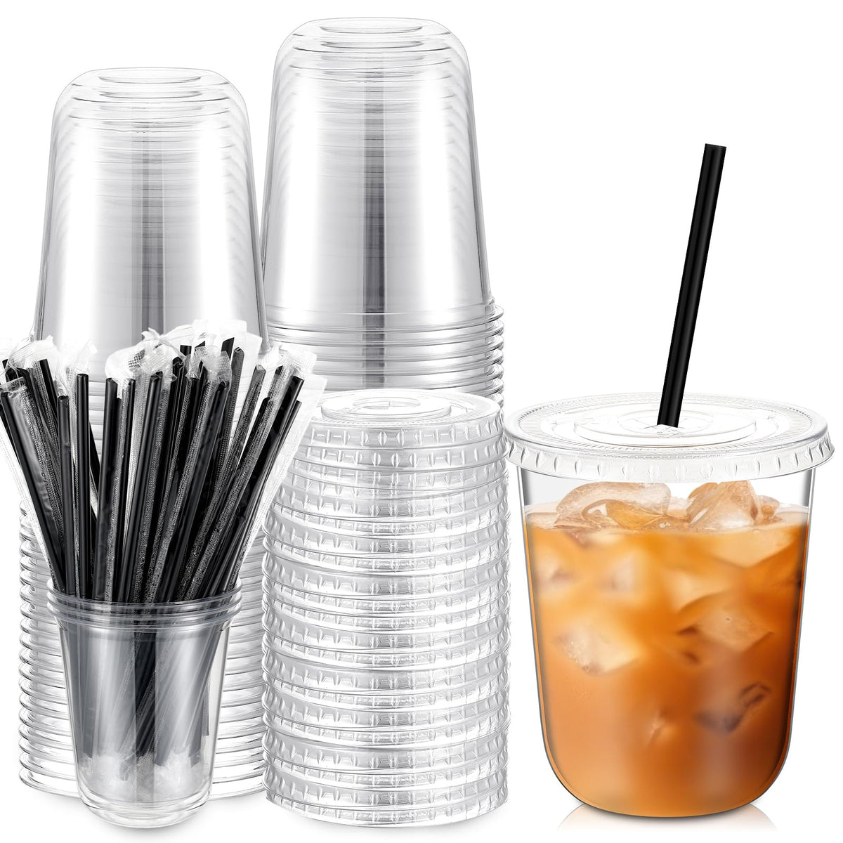 50 Sets 14 oz Clear Plastic Iced Coffee Cups with Lids and Straws