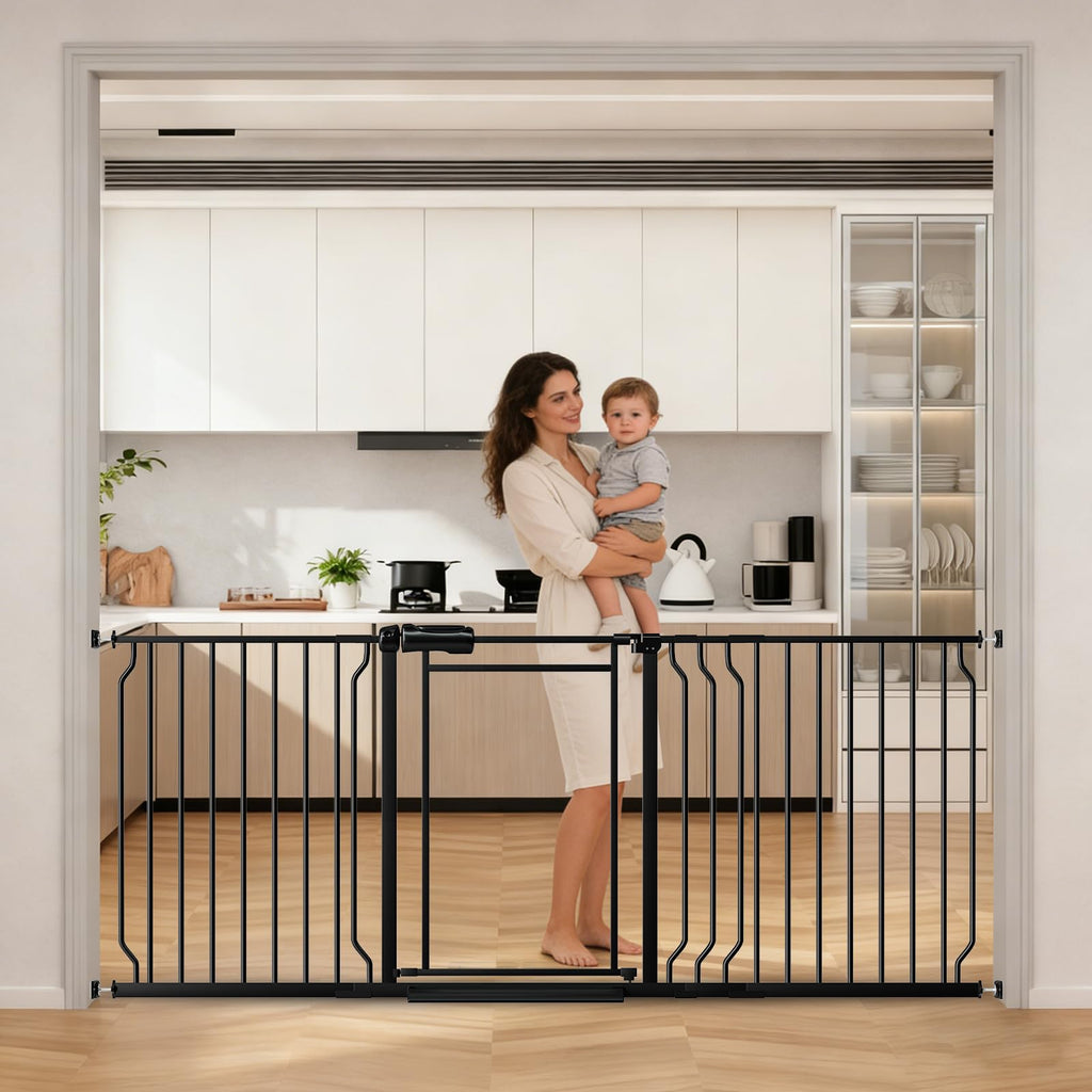66.93-74.8" Extra-Wide No-Drill Pressure-Mounted Pet & Child Safety Gate with Auto-Close Walk-Through Door for Stairs, Hallways & Wide Doorways