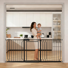 66.93-74.8" Extra-Wide No-Drill Pressure-Mounted Pet & Child Safety Gate with Auto-Close Walk-Through Door for Stairs, Hallways & Wide Doorways