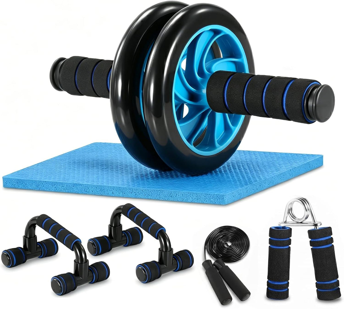 AB Wheel Roller Kit with Push-Up Bar, Knee Mat, Jump Rope and Hand Gripper - Home Gym Workout for Men Women Core