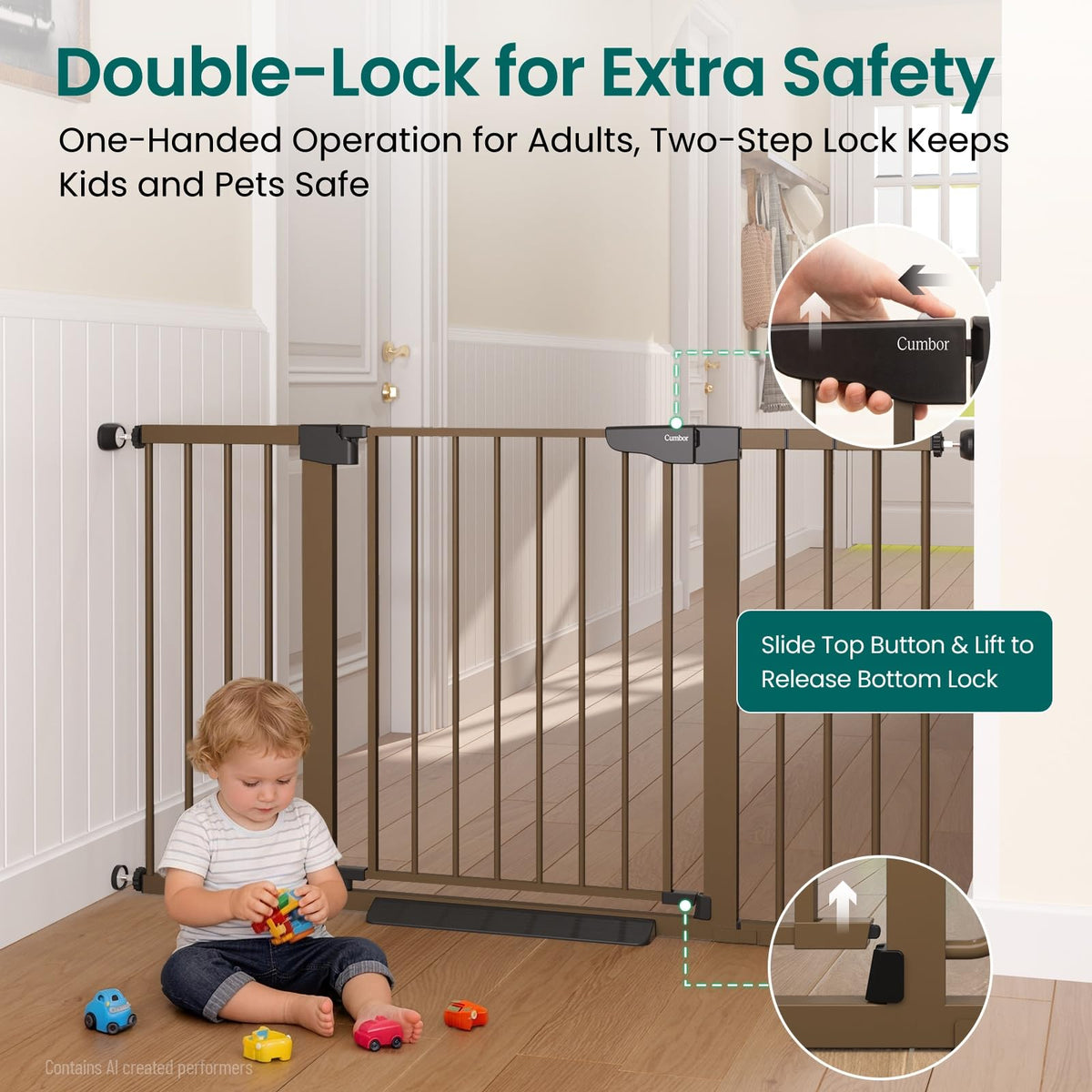 30-54" Extra-Wide Adjustable Hardware/Pressure-Mounted Pet & Child Safety Gate with Auto-Close Walk-Through Door for Stairs, Hallways & Wide Doorways — Brown