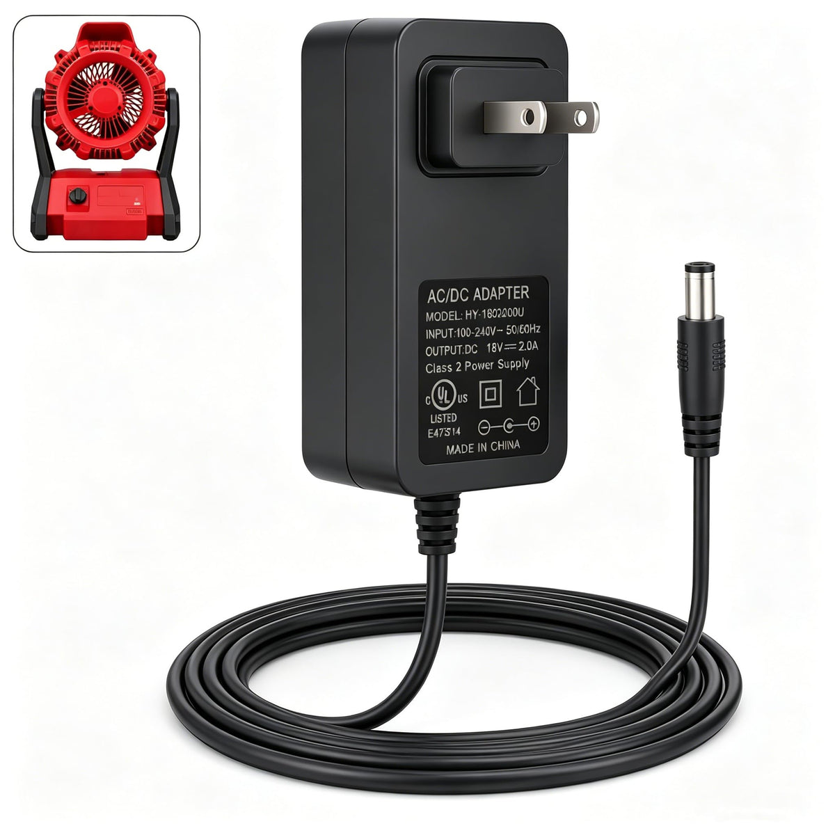 18V Power Adapter Replacement for Milwaukee 23-81-0701 M18 Cordless Fan, Class 2 Power Supply Cord with 9.8Ft Extra Long Cable, Compatible with Milwaukee 0886-20 M18 Jobsite Fan Charger