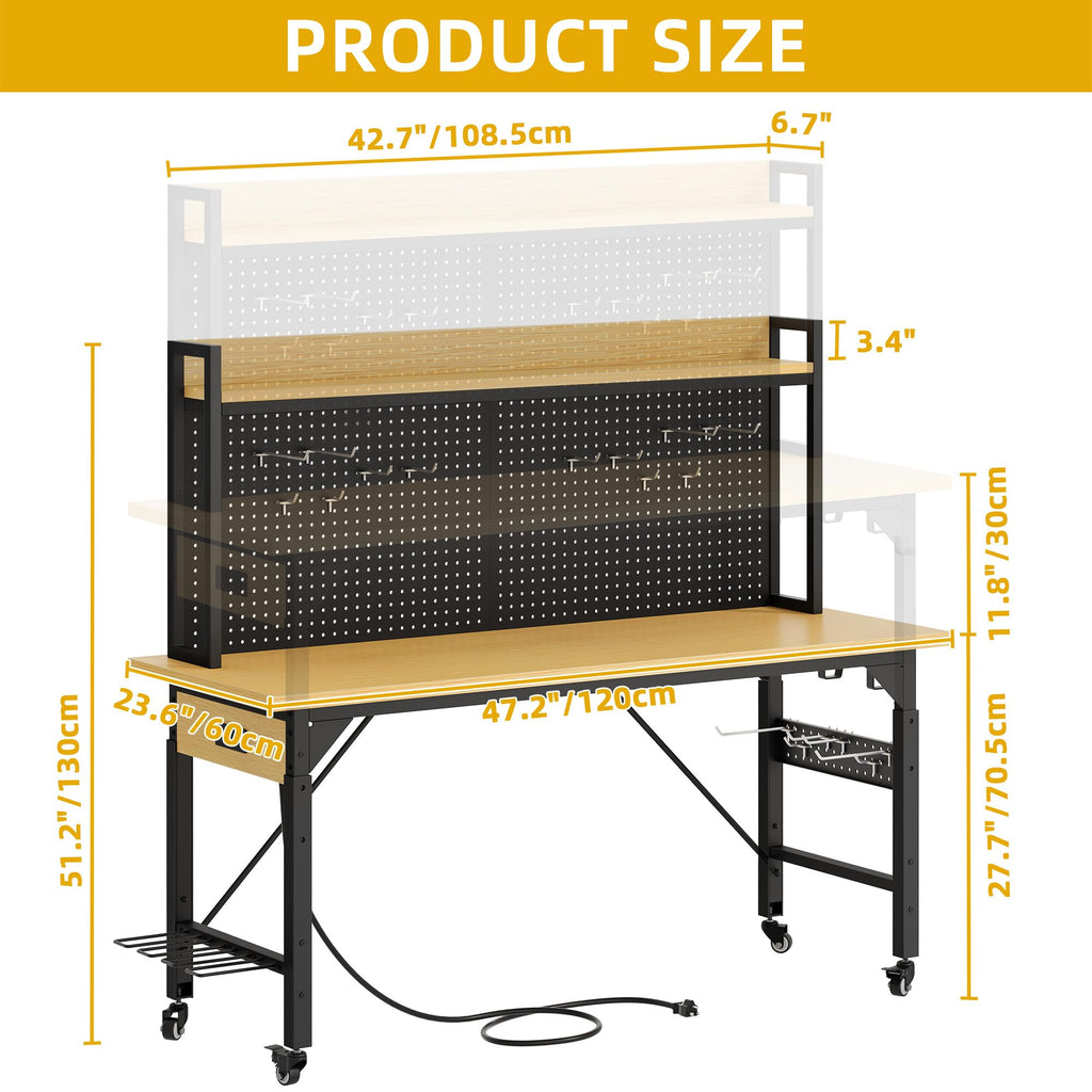 48in Adjustable Rolling Workbench Heavy Duty with Pegboard & Wheels