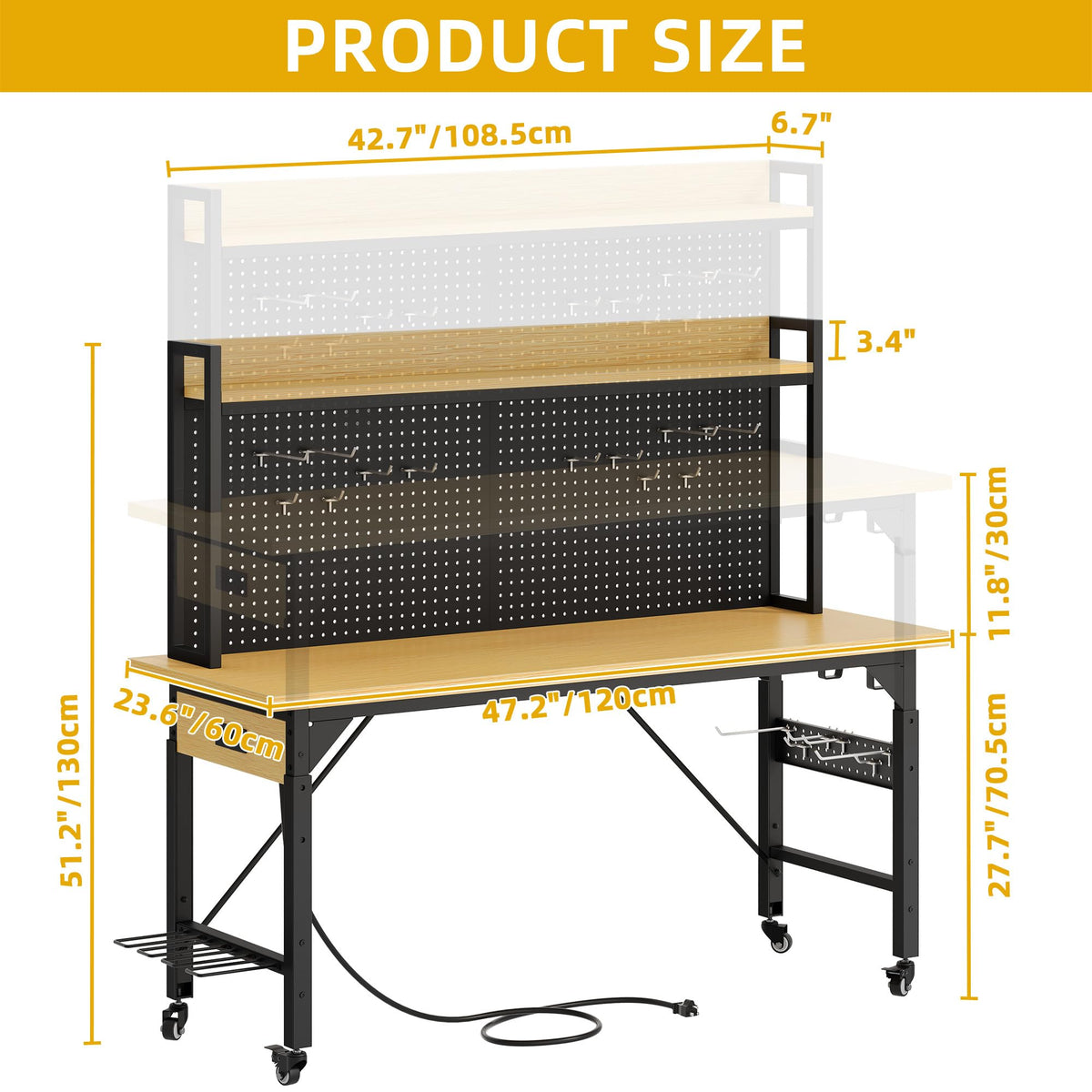 48in Adjustable Rolling Workbench Heavy Duty with Pegboard & Wheels