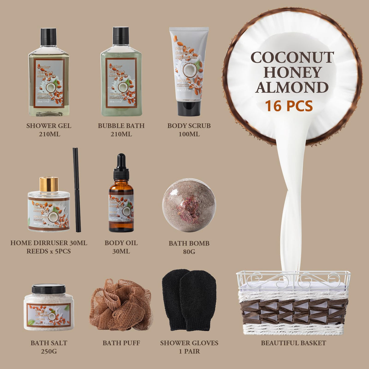 Coconut Almond Spa Gift Basket, Bath & Body Skin Care Set