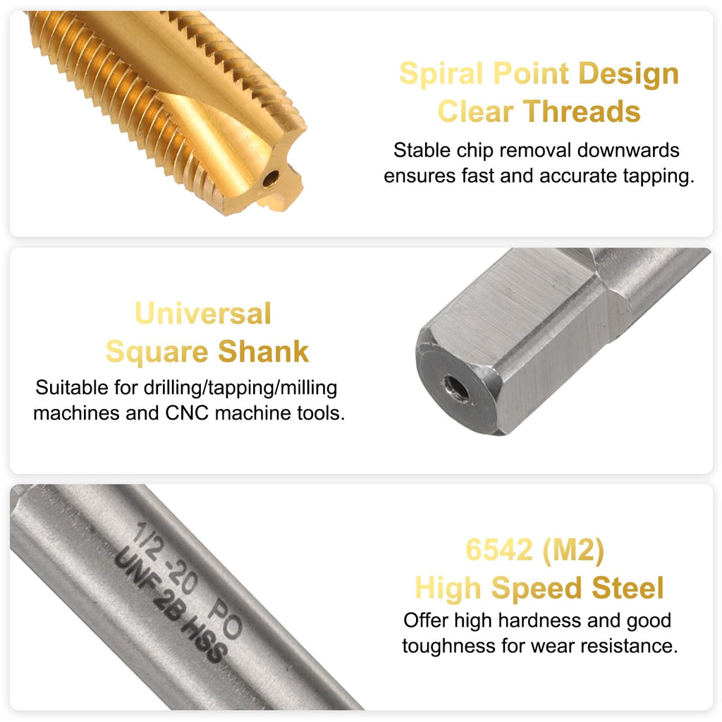 uxcell 7/16-14 UNC B2 Spiral Point Thread Tap, Screw Tap Threading Tapping Tool, Titanium Coated 6542 High Speed Steel Machine Taps Tapping Bit