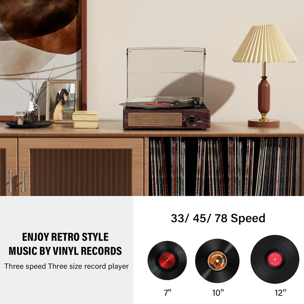 Vinyl Record Player Turntable with Built-in Bluetooth Receiver & 2 Stereo Speakers, 3 Speed 3 Size Portable Retro