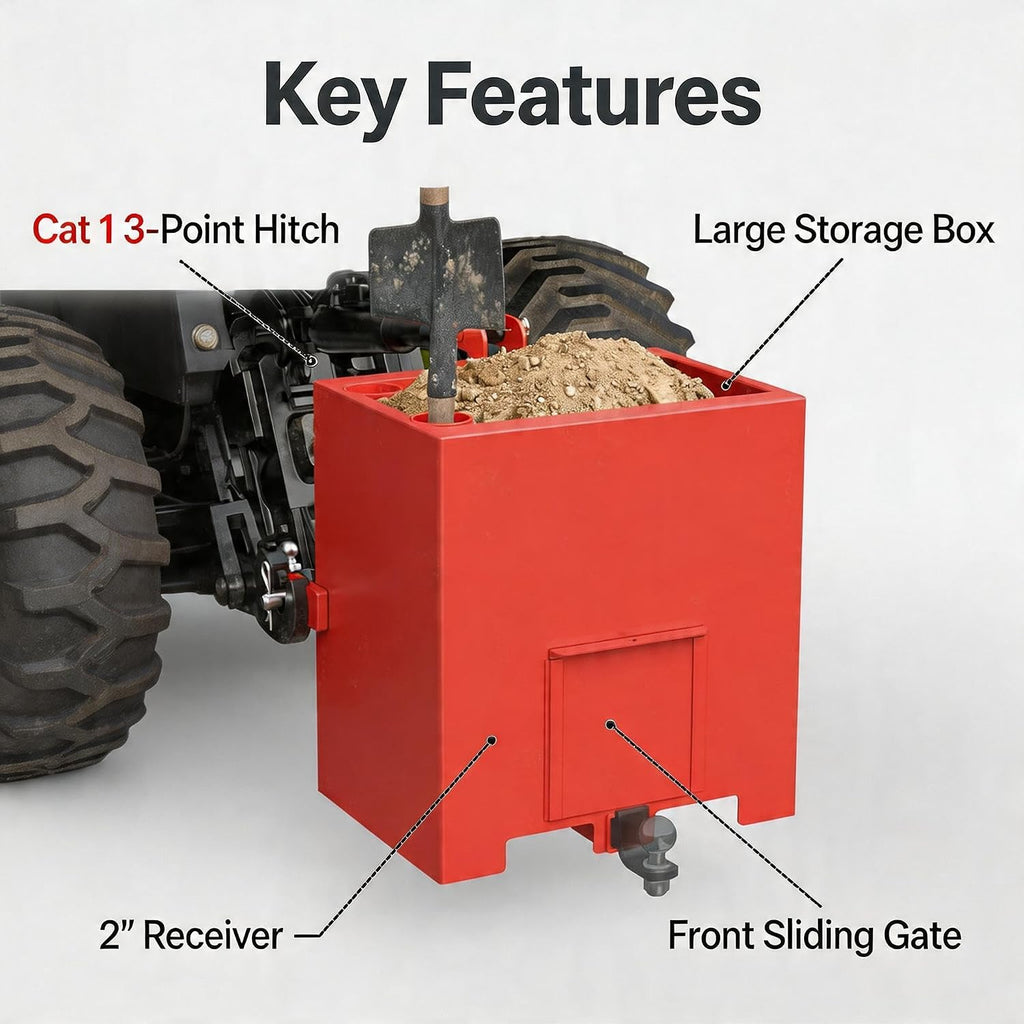 Ballast Box 3 Point Category 1 Tractor, 800lbs Capacity Counterweight Storage Box with 2 Inch Receiver, Heavy Duty