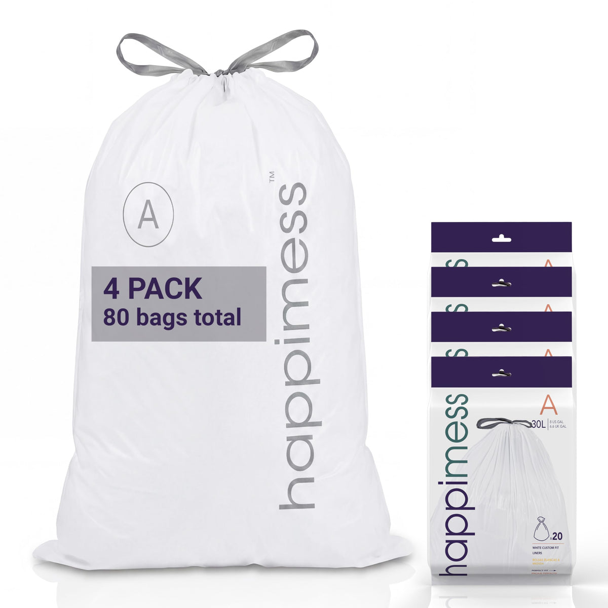 20-Count Unscented 8 Gal Drawstring Trash Bags, White, Pack of 4