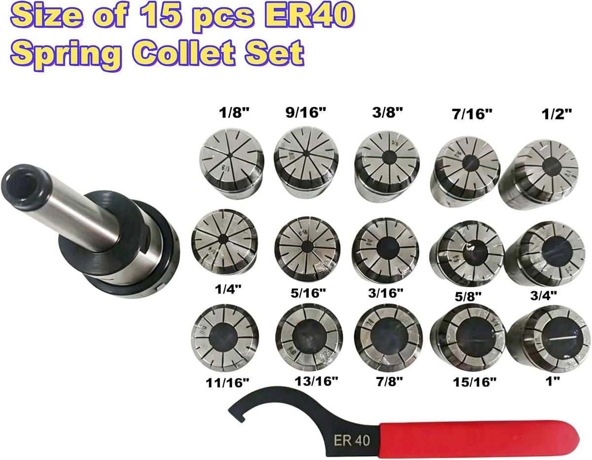 MT3 ER40 Collet Chuck Set with 15 PCS Collets, 1/8"-1"