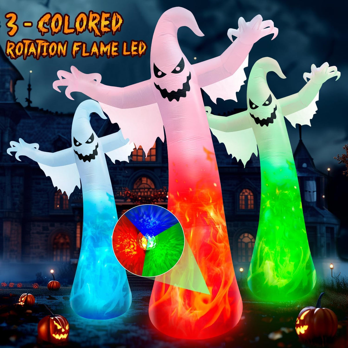 11.8FT Giant Halloween Inflatables Ghost with 3-Colored Flame Rotation LED Lights, Huge Spooky Halloween Decoration