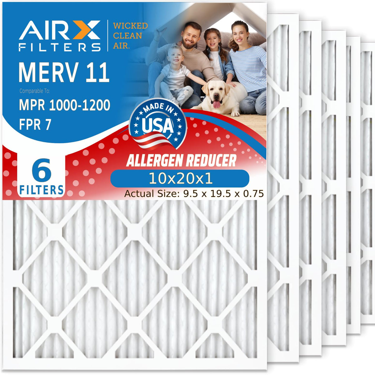 10x20x1 Furnace AC Filter MERV 11 Allergy 6-Pack