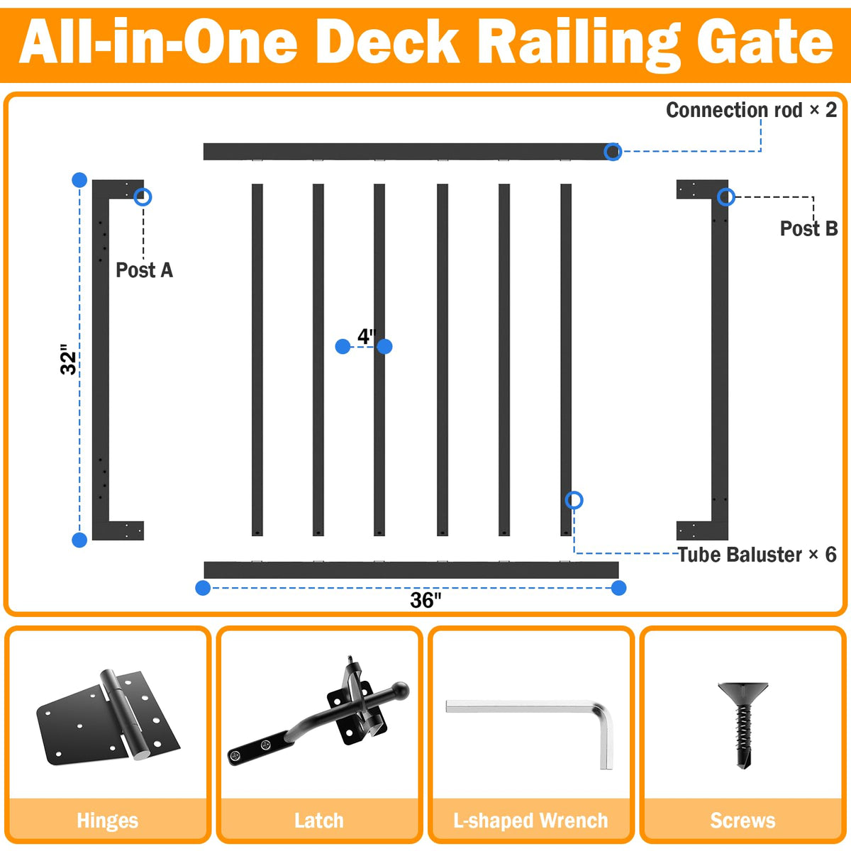 32" H x 36" W Heavy-Duty Weatherproof Aluminum Outdoor Deck & Patio Safety Gate with Rust-Proof Hinges & Latch