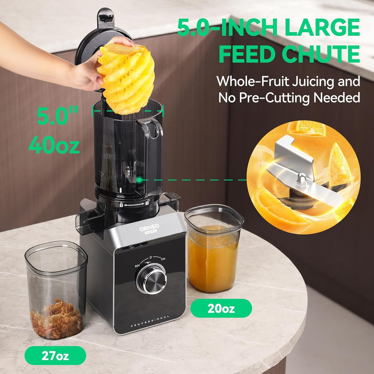 Cold Press Juicer, ORMEO HOME Masticating Juicer Machines with 5.0"Large Feed Chute Fit Whole Vegetables & Fruits