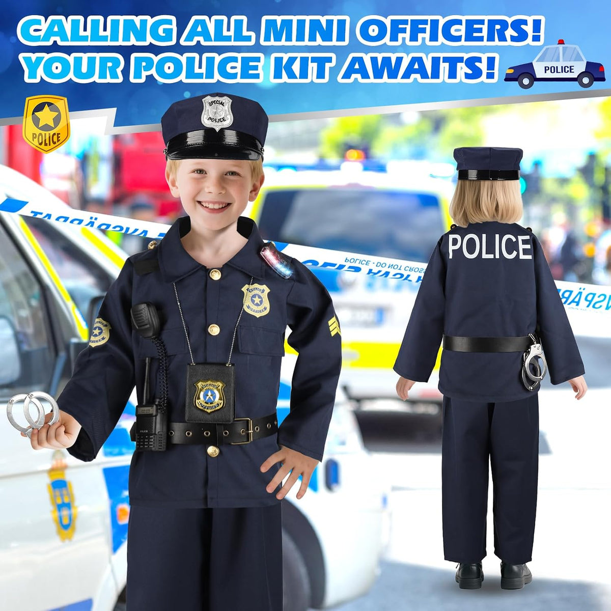 Police Costume for Kids 3-8, Cop Pretend Play Toys for Dress Up