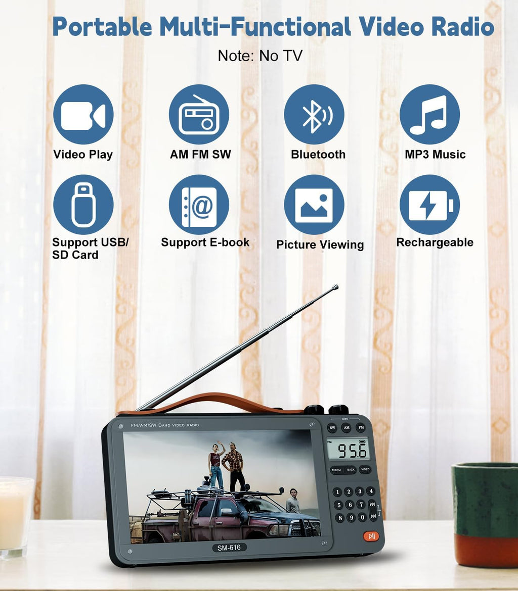 720P 7Inch Screen AM FM Movie Video Radio with Bluetooth Speaker, Rechargeable Digital Shortwave MP3 MP4 Player