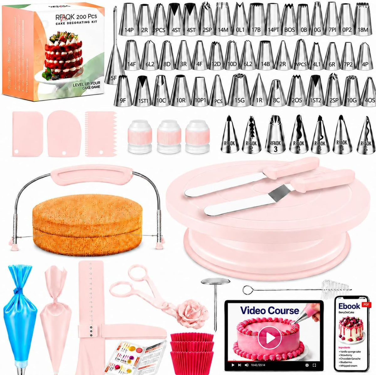 200PCs Cake Decorating Kit with Video Course for Beginners & Pros