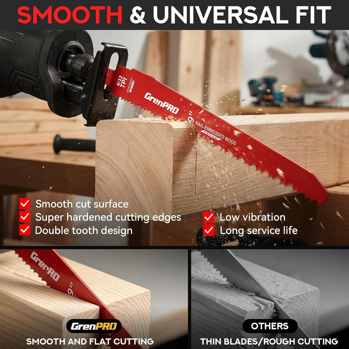 GRENPRO 26Pcs 9 Inch 6/12 TPI Reciprocating Saw Blades for Wood with Nails