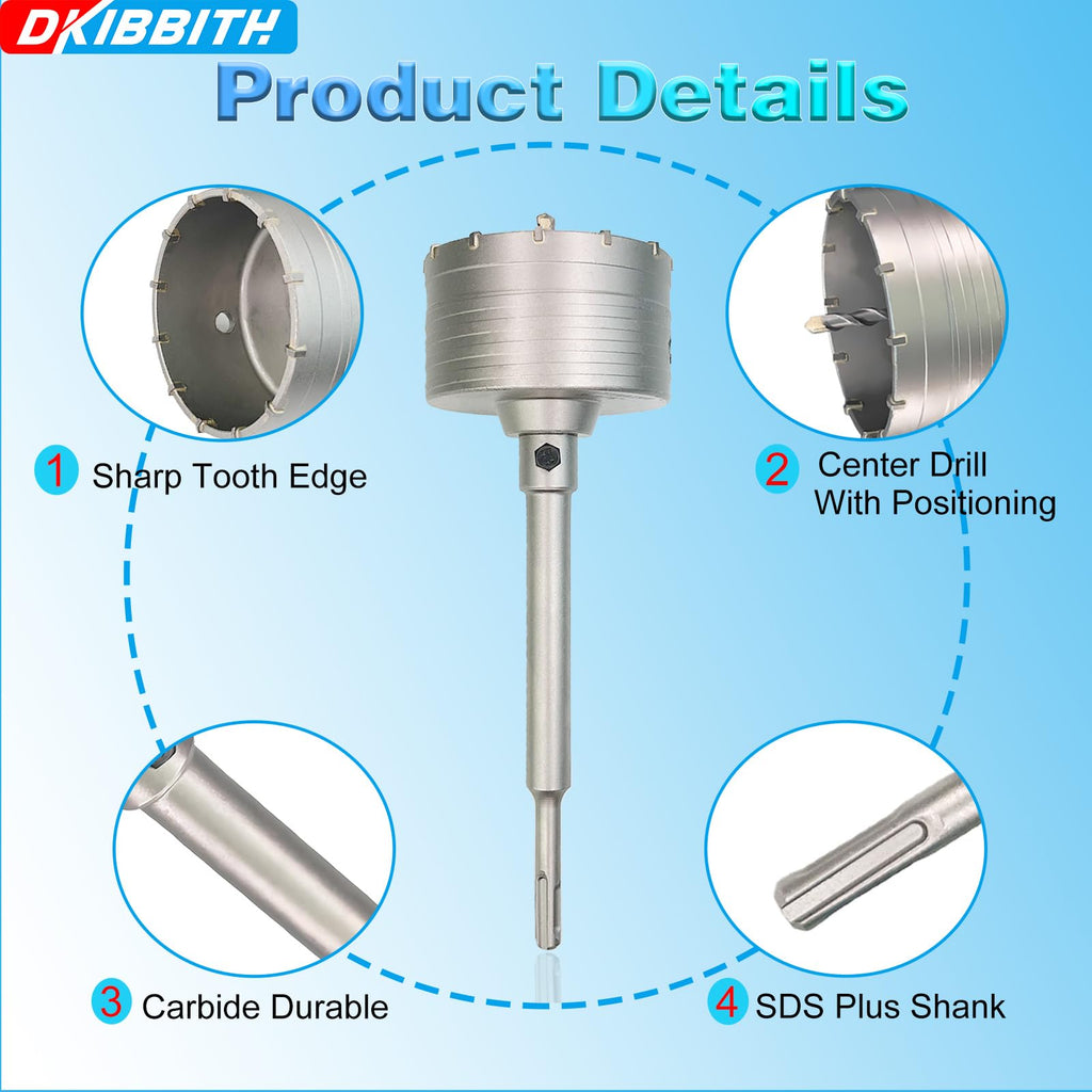 6" Concrete Hole Saw, 152mm Tungsten Steel Core Bit for Cinder Block, Brick, Rock, Plank Walls for Pipes or mini Split Lines, with SDS Plus Shank and 2 Center Positioning Drill Bits.