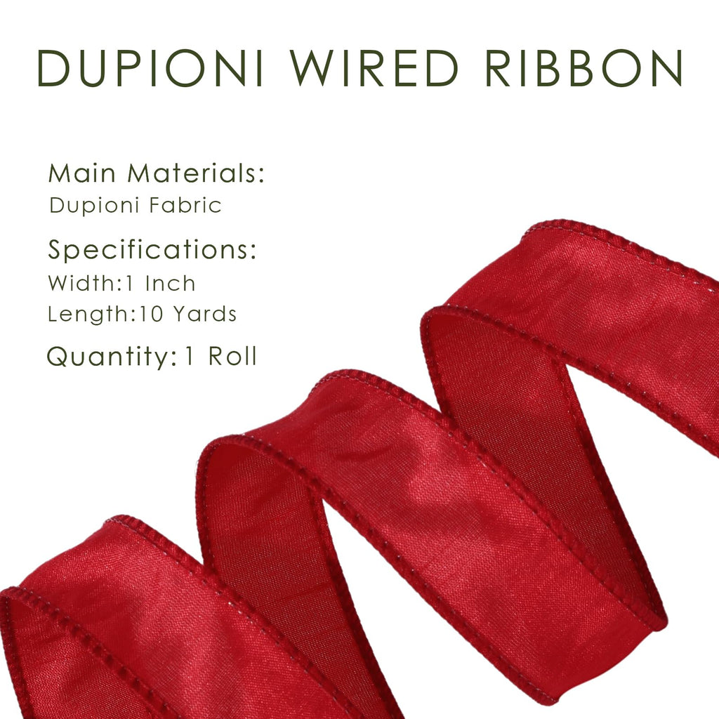 Red Ribbon Wired Christmas Dupioni, 1" x 10 Yards