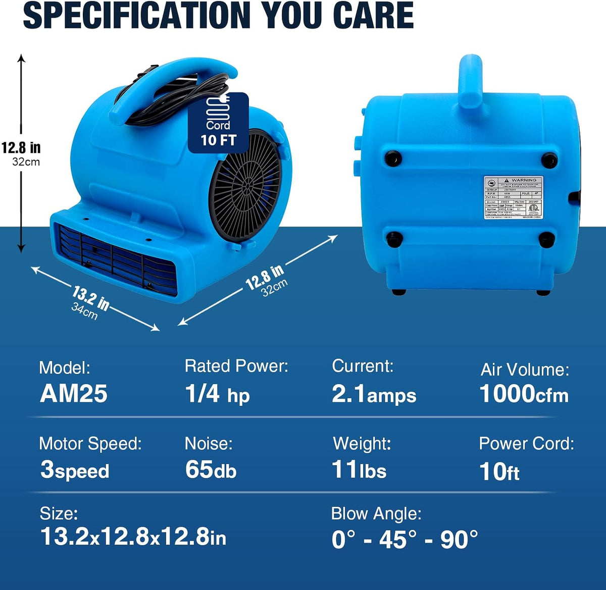 1/4hp 1000CFM 2 Speed Air Mover Carpet Dryer Floor Fan Cooling Fan (Blue)