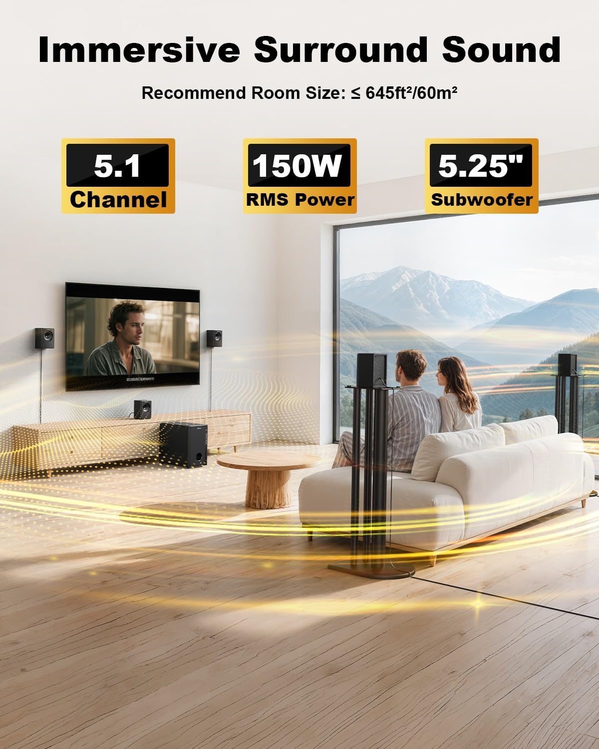 Home Theater Systems with 5.25 inch Subwoofer, 600 Watts Peak | 5.1 Wired Satellite Surround Sound Speakers, Deep