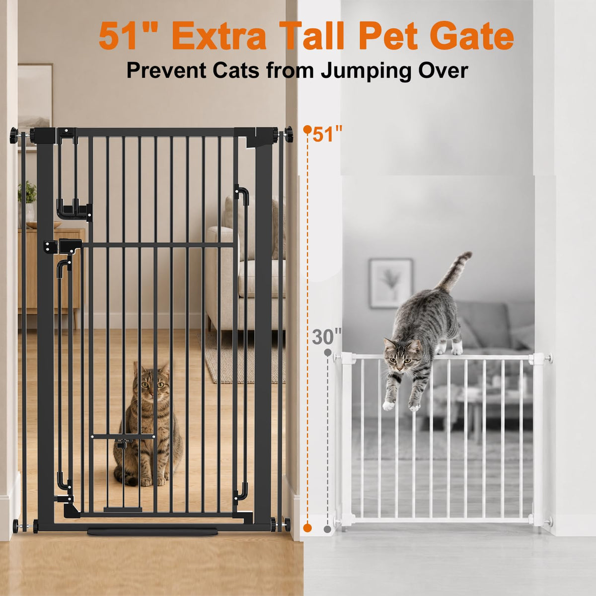 51" Extra-Tall Full-Height Anti-Jump Cat & Pet Safety Gate with Narrow Bar Spacing & Double-Lock Walk-Through Door for Doorways & Stairs