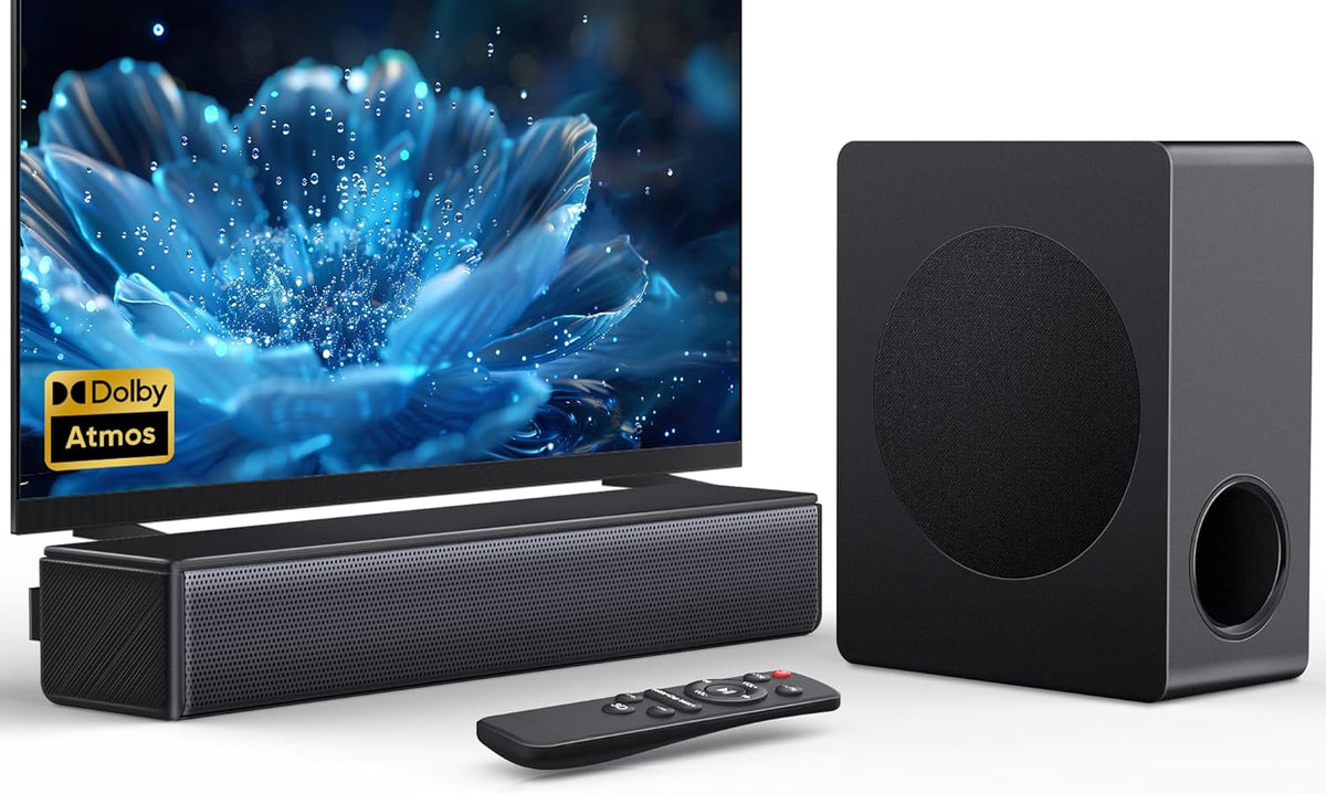 Sound bar with subwoofer, 200W 2.1 ch soundbar w/Dolby Atmos Surround Sound System, 3D Bass Adjustable Home Theater