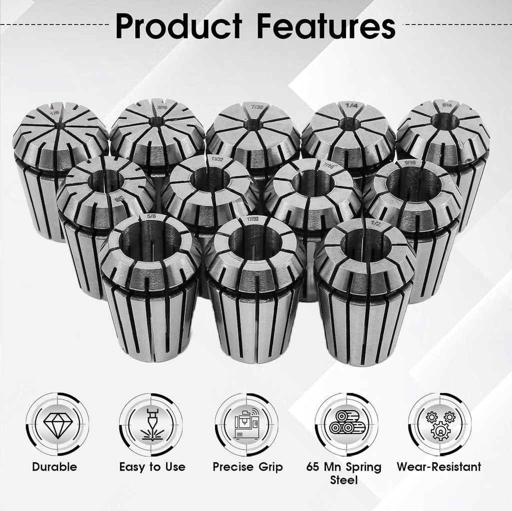 ER25 Spring Collet Set, 12-Piece 65Mn Spring Steel Precision Router Collets for CNC Milling, Engraving & Lathe Tool Holding（1/2,1/4,1/8,3/8,5/8,3/16,5/16,7/16,9/16,7/32,13/32,17/32）