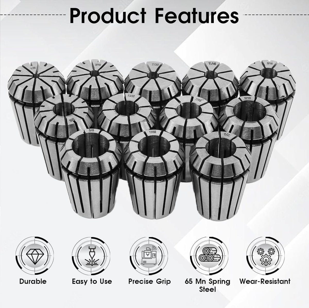 ER25 Spring Collet Set, 12-Piece 65Mn Spring Steel Precision Router Collets for CNC Milling, Engraving & Lathe Tool Holding（1/2,1/4,1/8,3/8,5/8,3/16,5/16,7/16,9/16,7/32,13/32,17/32）