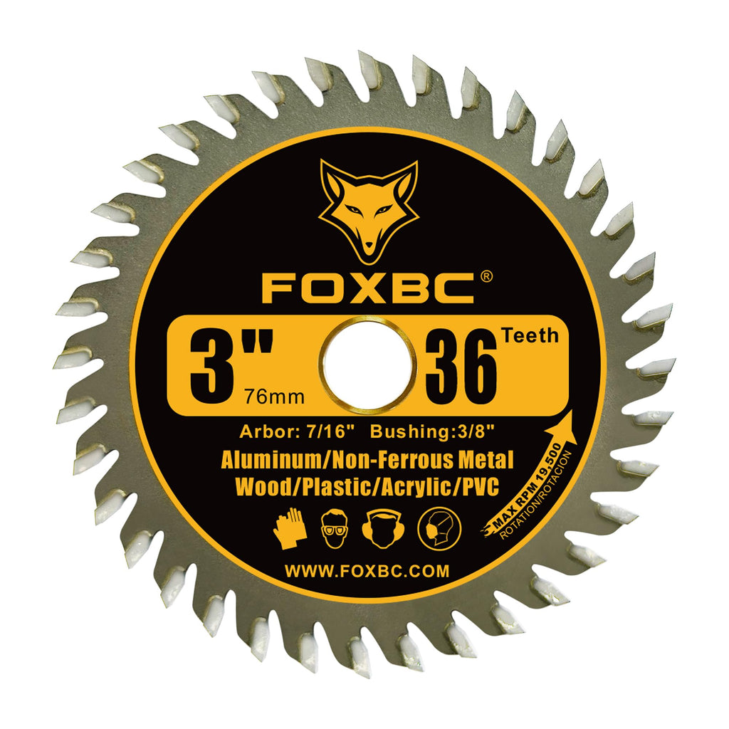 FOXBC 3 Inch Carbide Circular Saw Blade 36 Tooth for Wood, Plastic, PVC, Acrylic, Aluminum with 7/16" Arbor, 3/8" Bushing - 3 Pack