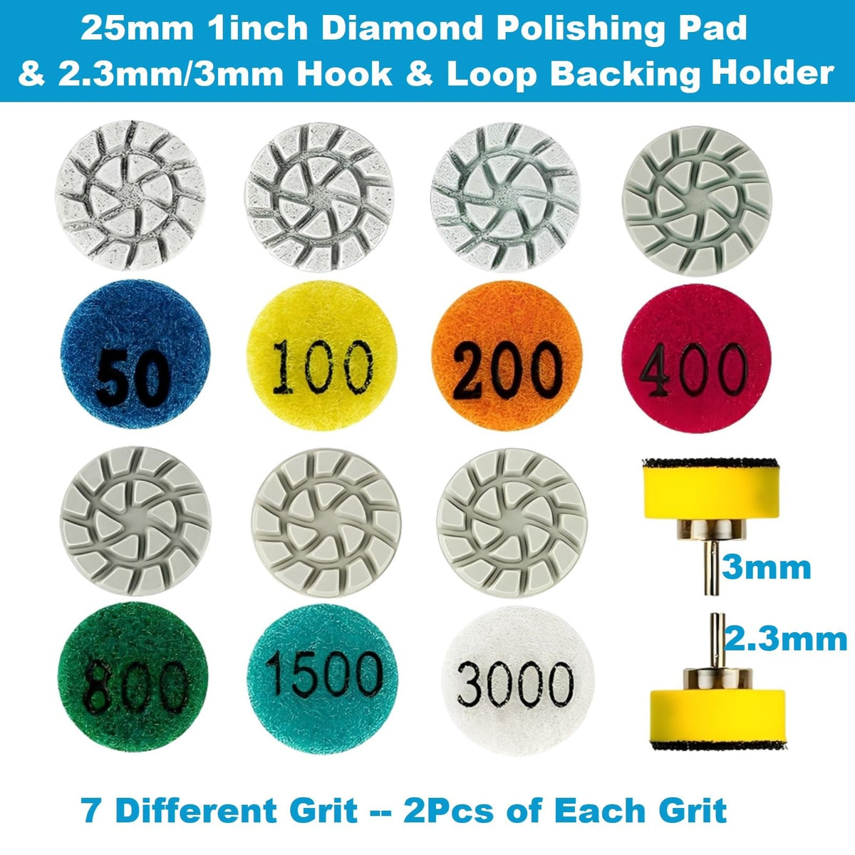 MiJunHD 1inch 25mm Mini Diamond Polishing Pad 16Pcs/Set, 7 Different Grit 50#-3000# Water Sanding Discs & 2.3mm 3mm Shank Hook & Loop Backing Holder for Detail Fine Grinding