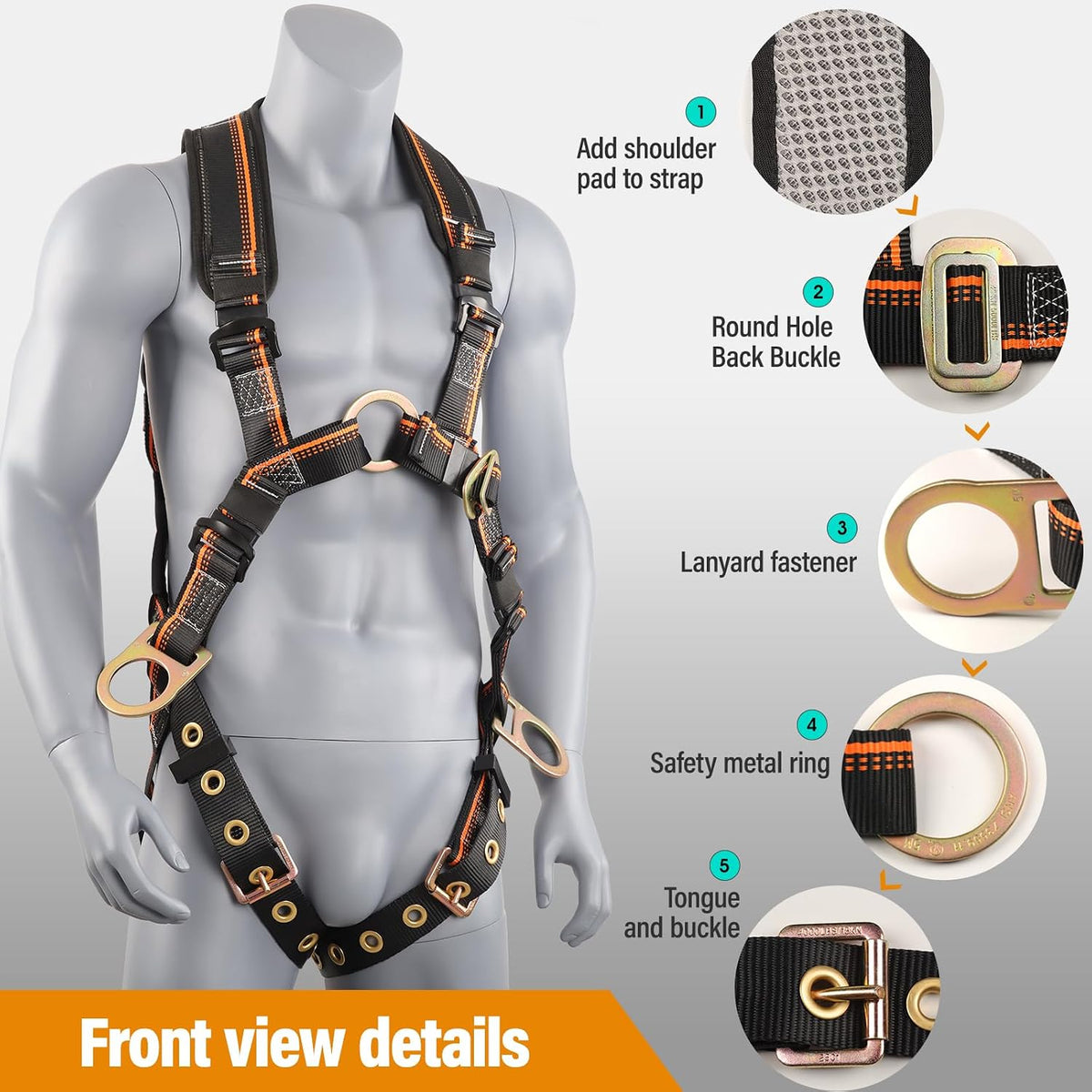 Full Body Safety Harness & Fall Protection Kit with Padded Straps, ANSI Compliant, Includes Shock-Absorbing Lanyard