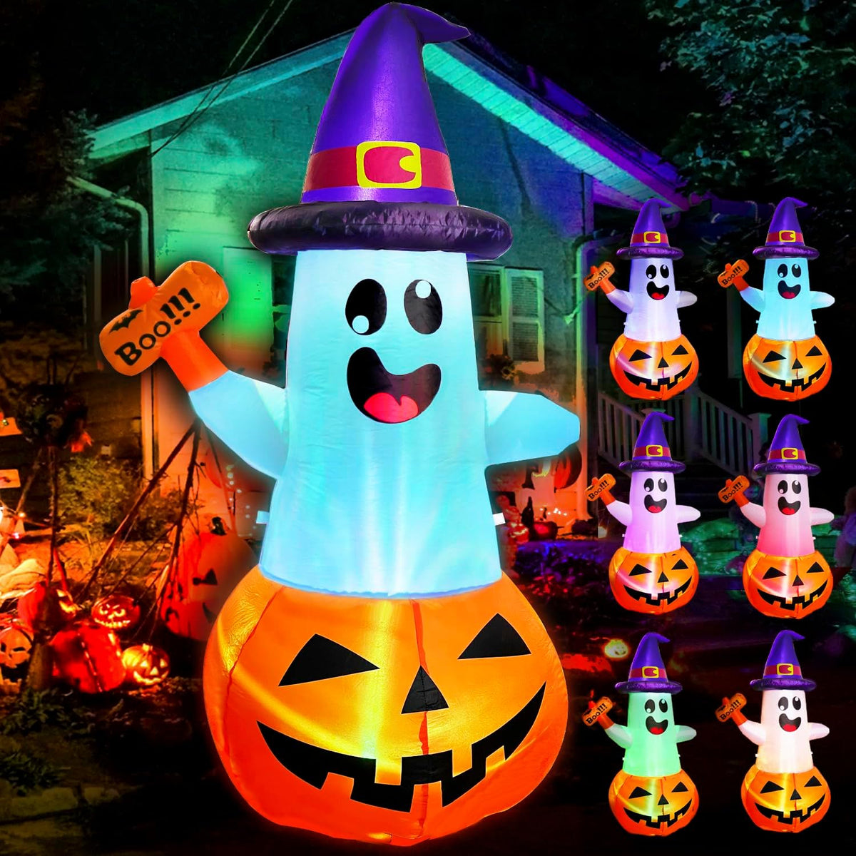 5FT Halloween Inflatables Decorations Outdoor Pumpkin Ghost with Multi-Color Flashing Build-in LED Blow Up Yard Decor