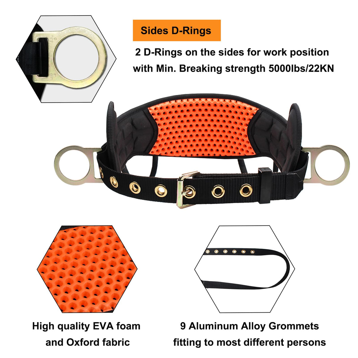 Safety Harness Climbing Belt - Tongue Buckle Safety Belt With Ventable & Moisture-Wicking Waist Pad and 2 Side