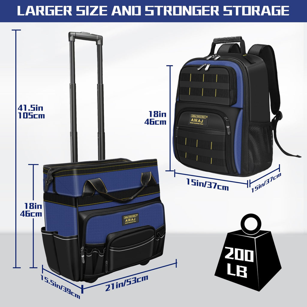 21" Rolling Tool Bag with Wheels & 18" Tool Backpack Set | Adjustable Telescoping Handle | Waterproof Tool Bag | Tool